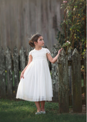 Cap Sleeves Ivory Lace Tulle Rustic Flower Girl Dress